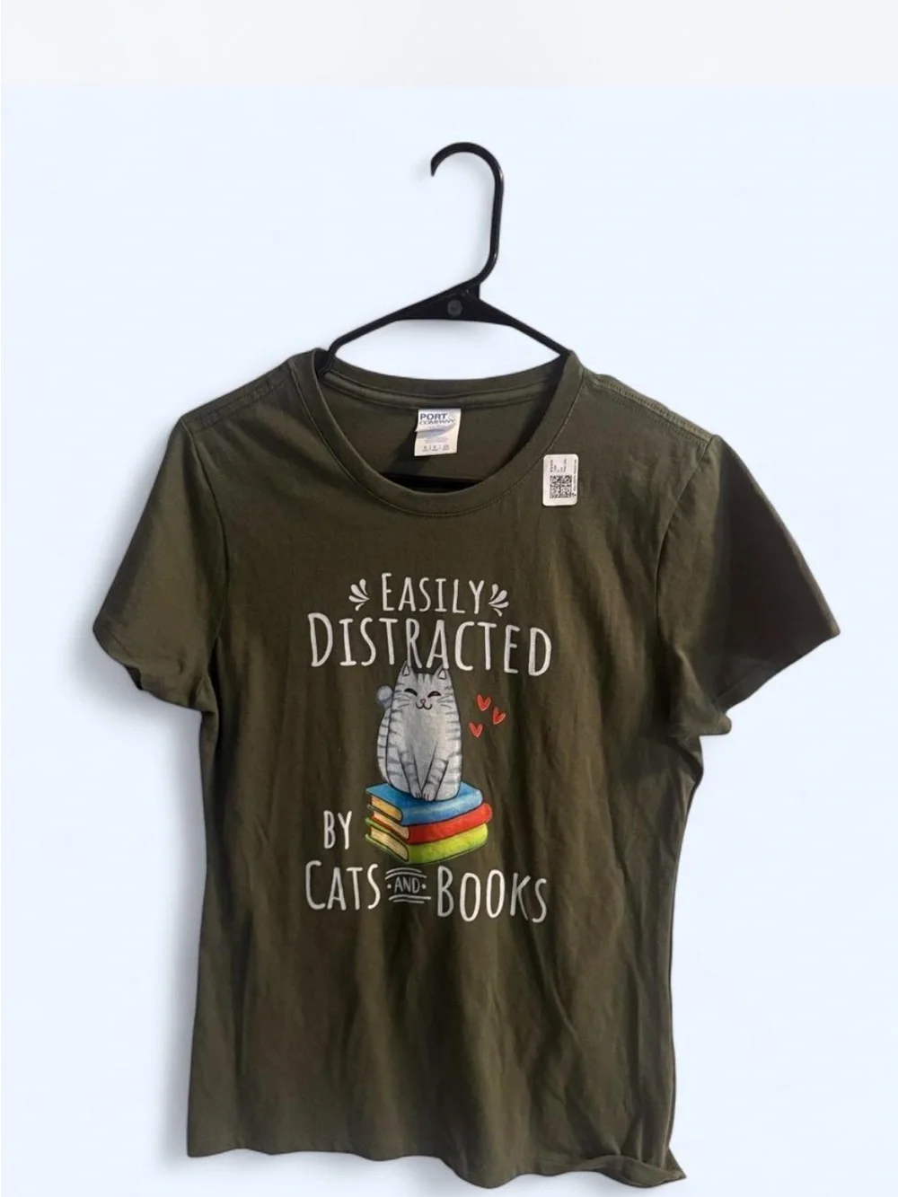 Amazon Olive Green Cat & Books Graphic Tee